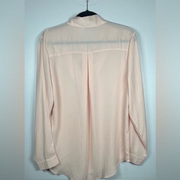 Elegant Blush Pink Sheer Long Sleeve Blouse with Bow Tie at Neckline. - Picture 2 of 8